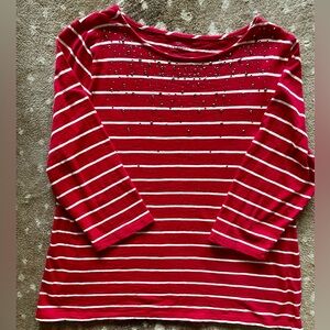 Talbots Red/White Striped Knit Top With Jewel Studs